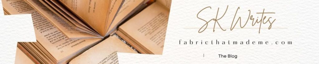 An open book with worn pages, displaying text, set against a textured background. The title 'SK Writes' is subtly included in the design.