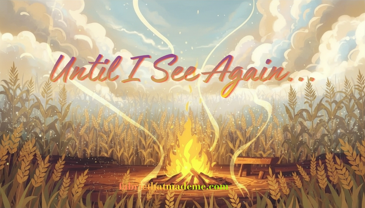 A warm illustrated memorial scene with a glowing campfire in a field of tall golden grass under soft clouds, titled “Until I See Again...”.